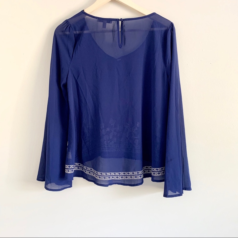 BLU PEPPER Boho Blue Embroidered Bell Sleeve Top - Picture 8 of 8